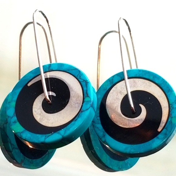 Victoria Varga Spinning Pinwheel Silver, Turquoisr & Black Hanging Earrings - Picture 8 of 9